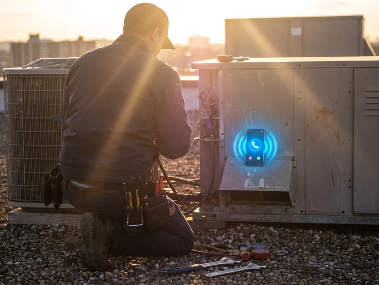 HVAC technician on a rooftop at sunset while his phone rings