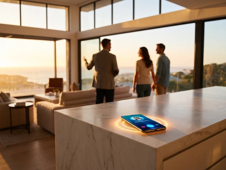 Agent touring a luxury home while a call comes in on the kitchen island