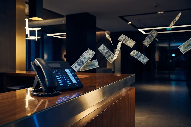 Ringing phone with hundred dollar bills flying away from it