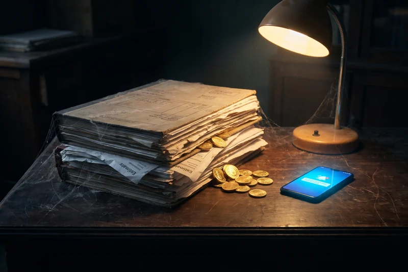 Gold coins buried in a stack of old paper files